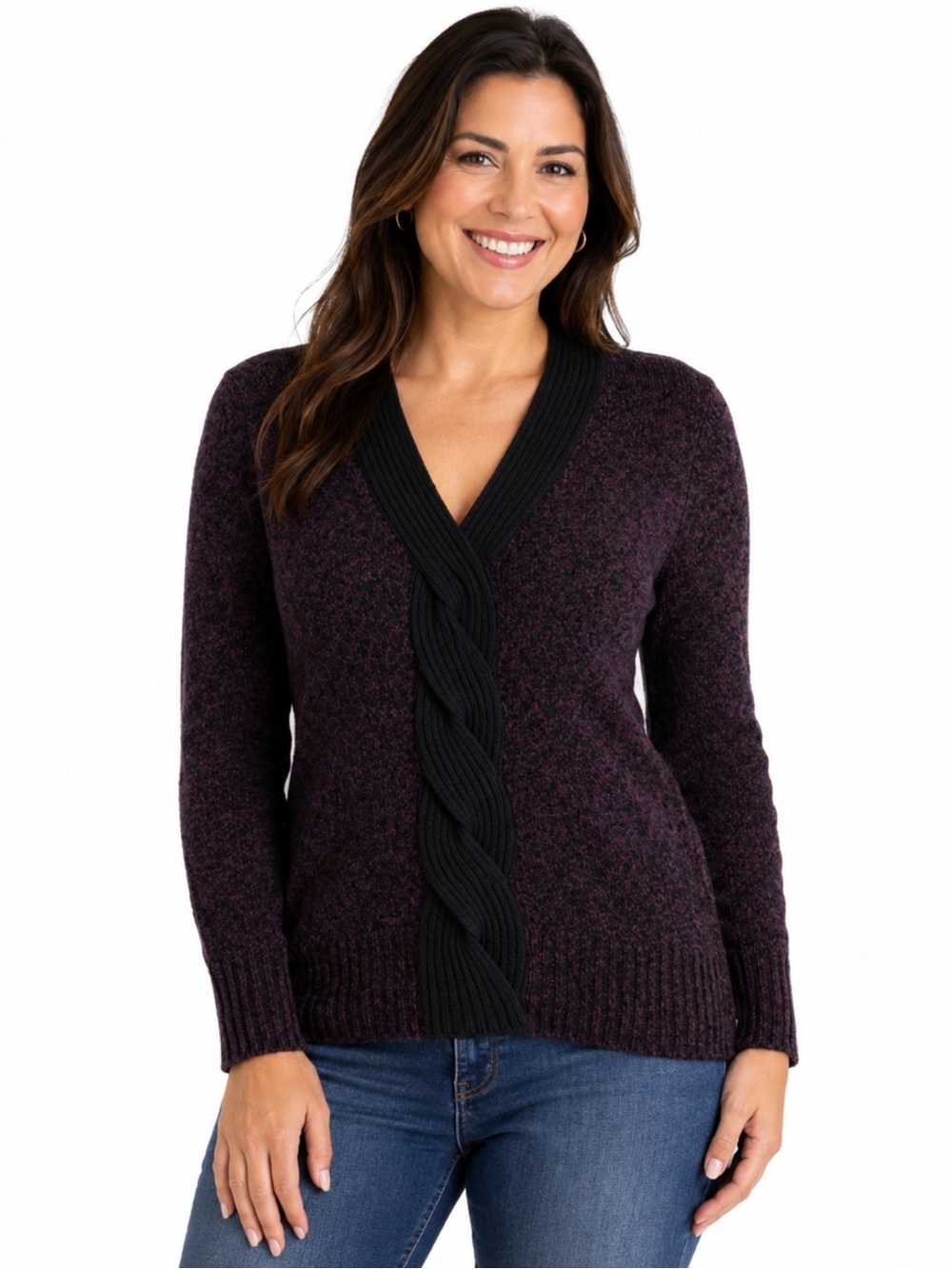 Carol Rose Purple Cable Knit Cardigan Sweater Black Trim - Size L